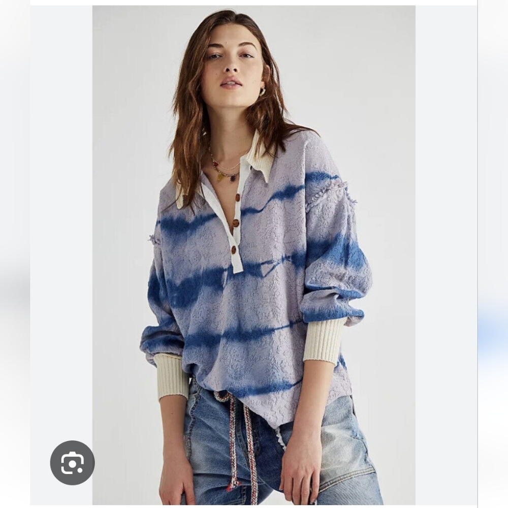 Free People Blue and White Button Down Shirt